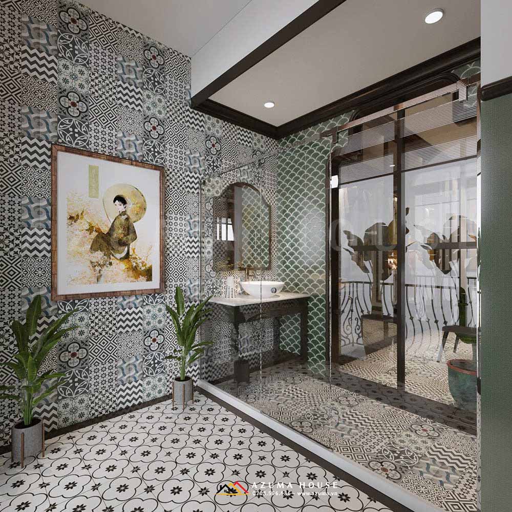 Phòng tắm ốp gạch mosaic họa tiết truyền thống