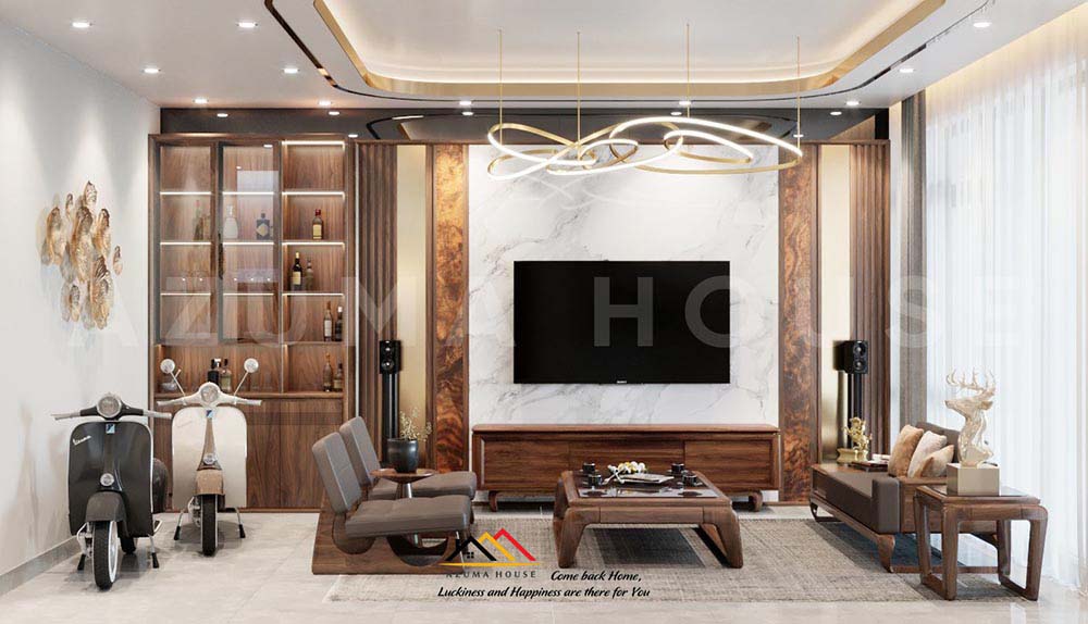 Thiết kế phòng khách gỗ tự nhiên hiện đại